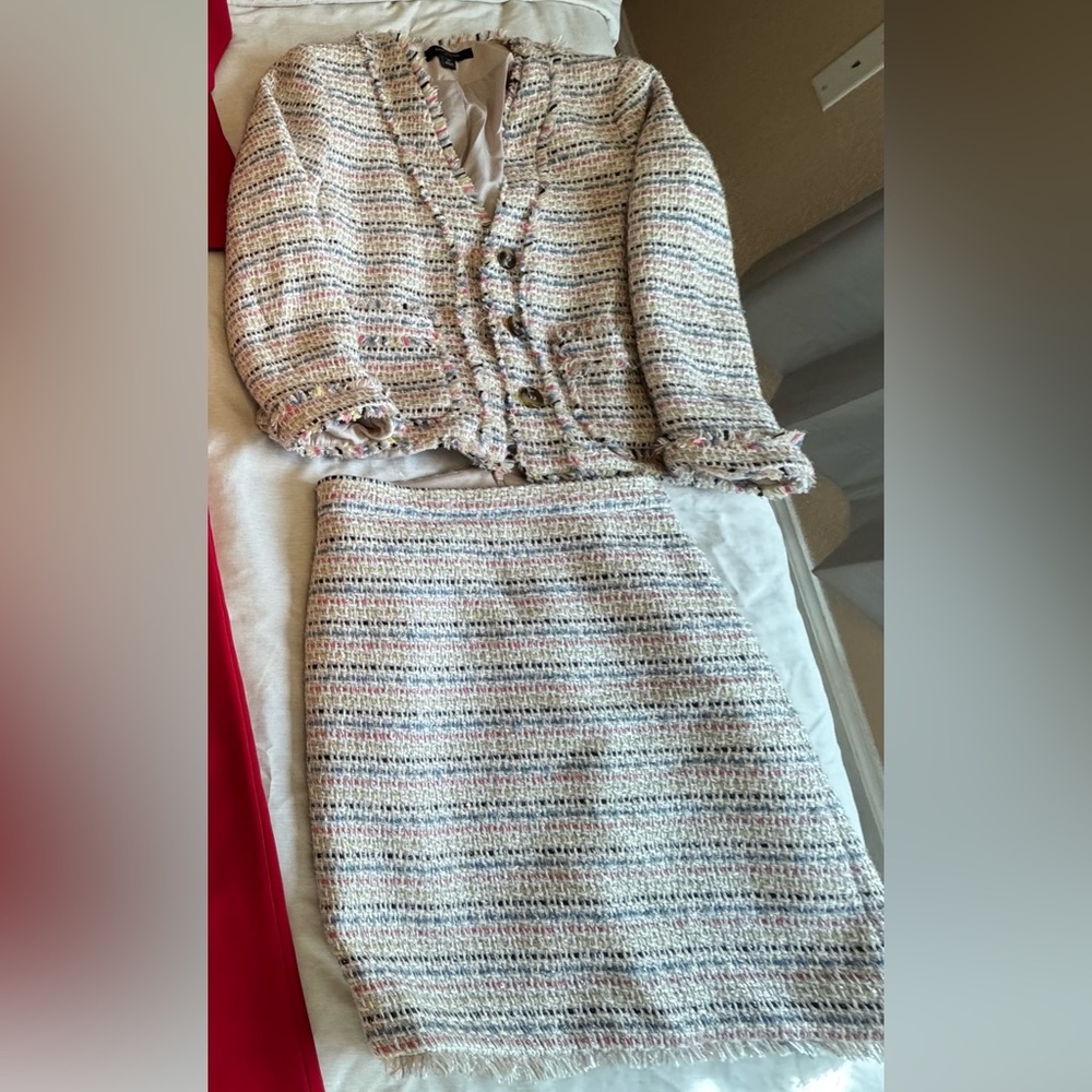 Chic Tweed Skirt Suit Set – Pastel Multicolor Jacket & Pencil Skirt